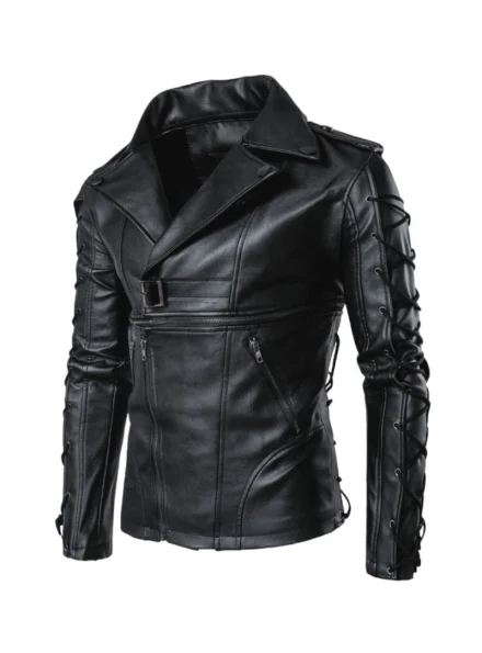 handmade black multi laced Gothic punk leather jacket side