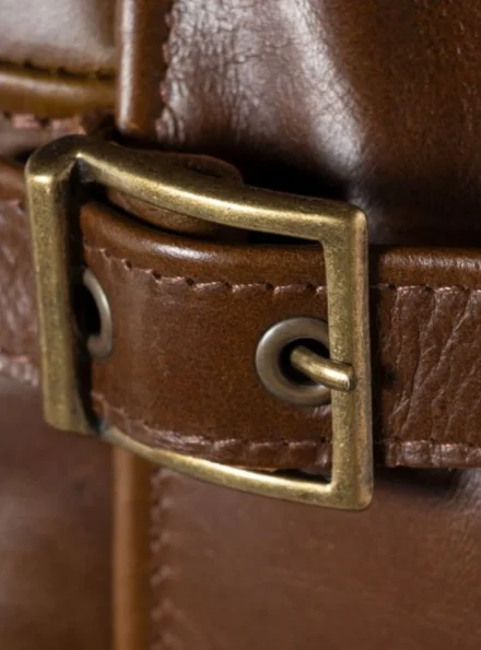 iconic sunset back brown waxed leather jacket buckle