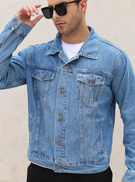 men's classic slim fit ice blue denim jacket front