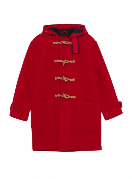 twill toggle hooded red wool duffle coat for men