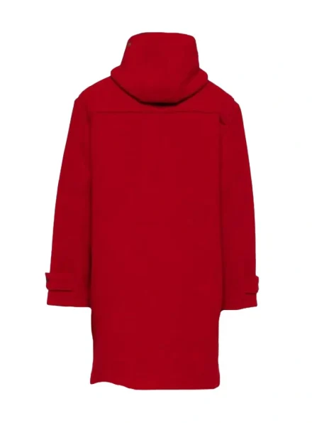 twill toggle hooded red wool duffle coat for men backside
