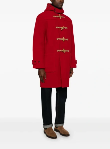 twill toggle hooded red wool duffle coat for men side