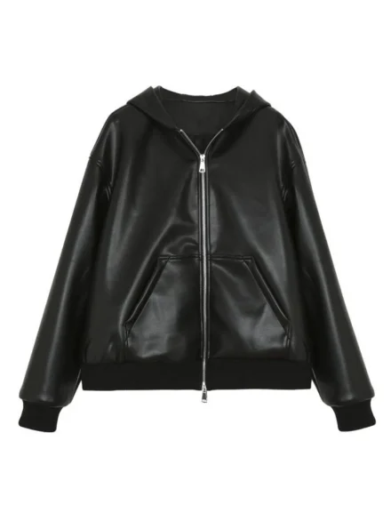 women's black hooded bomber leather jacket