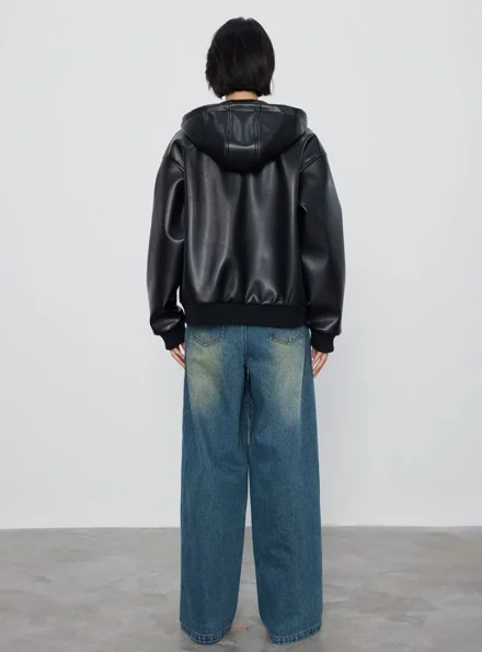 women's black hooded bomber leather jacket back