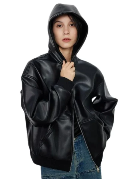 women's black hooded bomber leather jacket front
