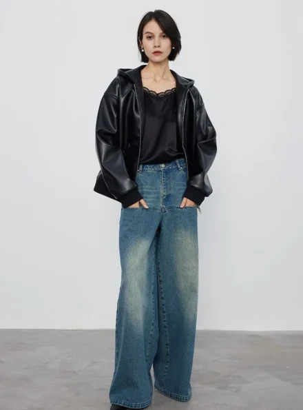 women's black hooded bomber leather jacket front model view