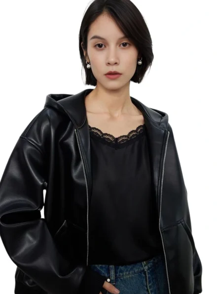 women's hooded faux leather jacket front open close view