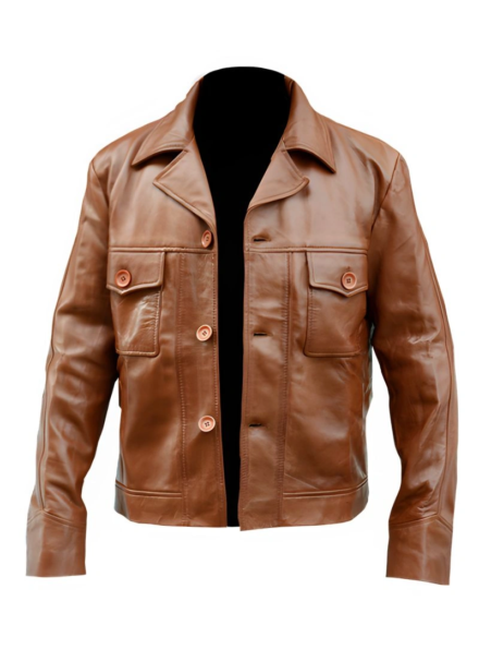 Once Upon A Time In Hollywood Leonardo DiCaprio vintage brown leather jacket front open