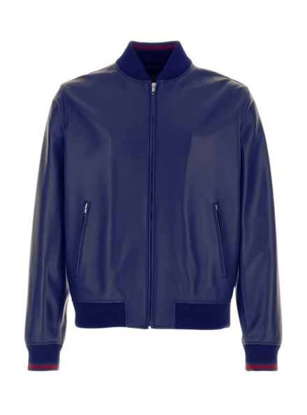 classic blue leather bomber jacket men