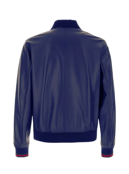 classic blue leather bomber jacket men back