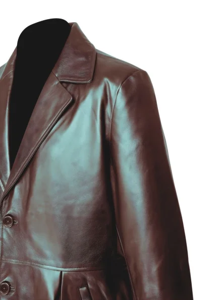 real leather classic brown winter trench coat for men left view