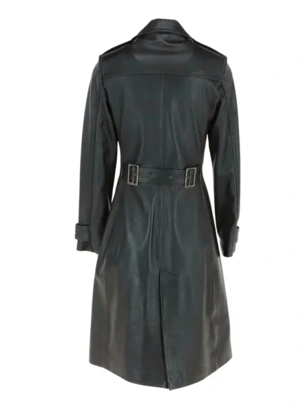 women's classic double-breasted black leather coat back