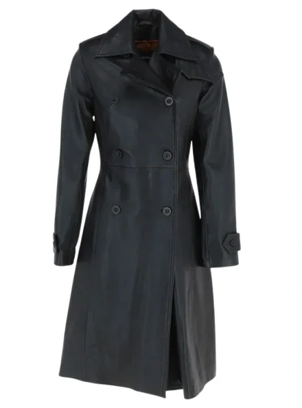 women's classic double-breasted black leather coat front