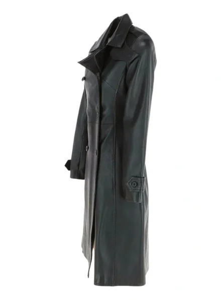 women's classic double-breasted black leather coat left view