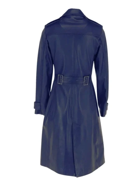 women's classic double-breasted blue leather coat back