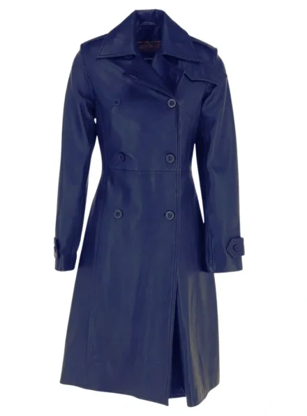 women's classic double-breasted blue leather coat front