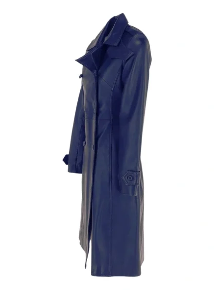 women's classic double-breasted blue leather coat left view