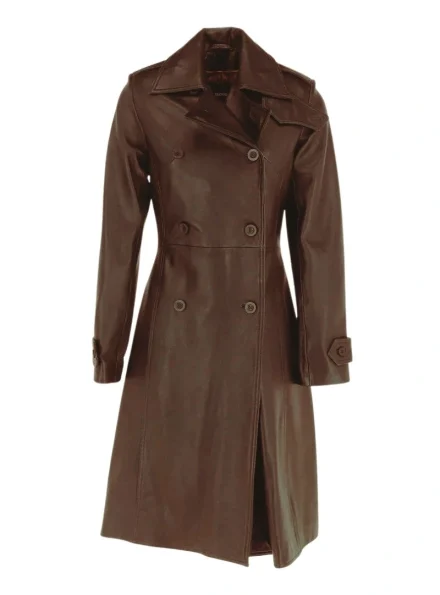 women's classic double-breasted brown leather coat front