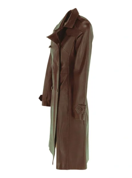 women's classic double-breasted brown leather coat left view