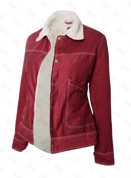 Stranger Things Natalia Dyer Red Shearling Jacket Button Closure Stranger Things Natalia Dyer Red Shearling Jacket Button Closure