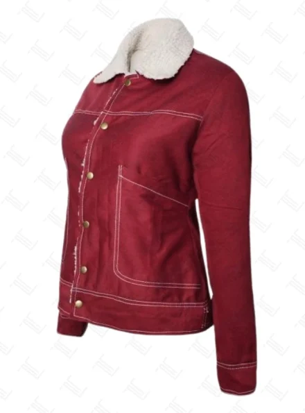Stranger Things Natalia Dyer Red Shearling Jacket Left Side View