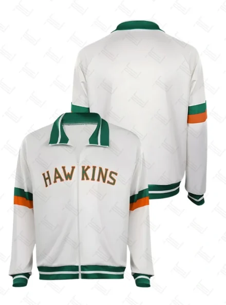 Stranger Things S4 Hawkins Baseball Lucas White Varsity Jacket Both Views